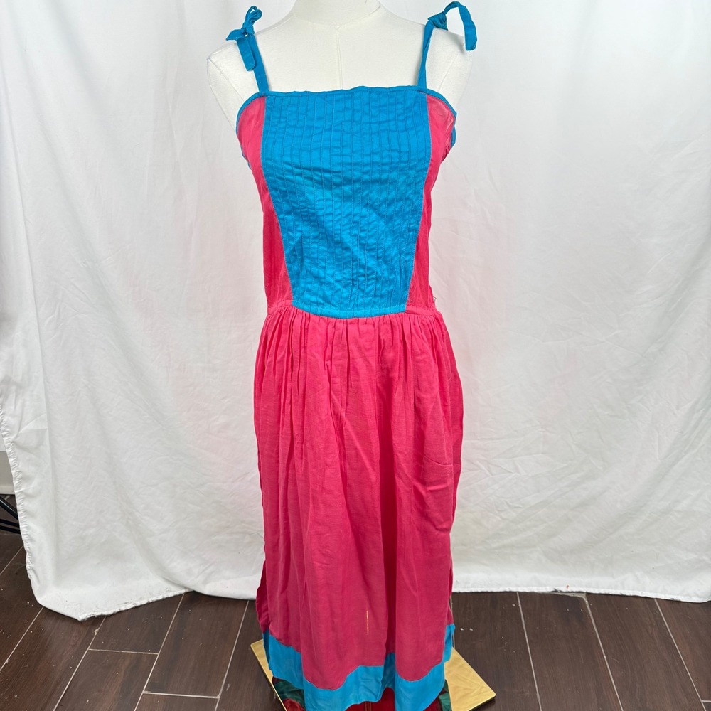 Bijou Color Block Pink Blue Tie Strap Lightweight Midi Dress India Colorful Boho
